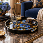 Ramadan & Eid al-Fitr Plastic Serving Tray – Blue Peony Band Repeat plastic serving tray shown in a round styled scene.