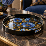 Ramadan & Eid al-Fitr Plastic Serving Tray – Blue Peony Band Repeat plastic serving tray shown in a round product view.