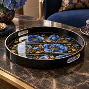 Ramadan & Eid al-Fitr Plastic Serving Tray – Blue Peony Band Repeat plastic serving tray shown in a round product view.