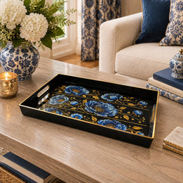 Ramadan & Eid al-Fitr Plastic Serving Tray – Blue Peony Band Repeat plastic serving tray shown in a rectangular styled scene.