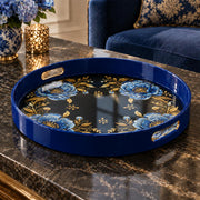Ramadan & Eid al-Fitr Plastic Serving Tray – Blue Peony Four Corners plastic serving tray shown in a round product view.