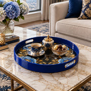 Ramadan & Eid al-Fitr Plastic Serving Tray – Blue Peony Four Corners plastic serving tray shown in a round styled scene.