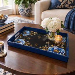Ramadan & Eid al-Fitr Plastic Serving Tray – Blue Peony Four Corners plastic serving tray shown in a rectangular styled scene.