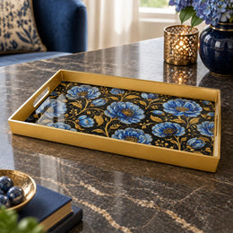 Ramadan & Eid al-Fitr Plastic Serving Tray – Blue Rose Allover Bloom plastic serving tray shown in a rectangular product view.