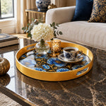 Ramadan & Eid al-Fitr Plastic Serving Tray – Blue Rose Allover Bloom plastic serving tray shown in a round styled scene.