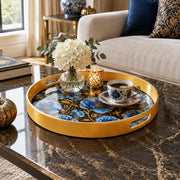 Ramadan & Eid al-Fitr Plastic Serving Tray – Blue Rose Allover Bloom plastic serving tray shown in a round styled scene.