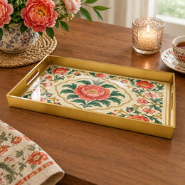Ramadan & Eid al-Fitr Plastic Serving Tray – Crimson Peony Ogee Frame plastic serving tray shown in a rectangular product view.
