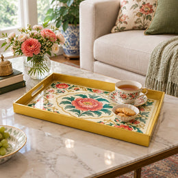 Ramadan & Eid al-Fitr Plastic Serving Tray – Crimson Peony Ogee Frame plastic serving tray shown in a rectangular styled scene.