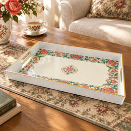 Ramadan & Eid al-Fitr Plastic Serving Tray – Peony Border Open Field plastic serving tray shown in a rectangular product view.