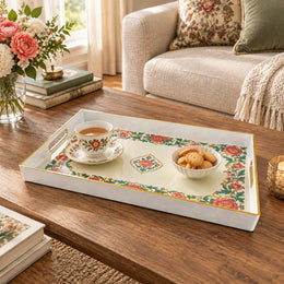 Ramadan & Eid al-Fitr Plastic Serving Tray – Peony Border Open Field plastic serving tray shown in a rectangular styled scene.