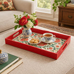 Ramadan & Eid al-Fitr Plastic Serving Tray – Peony Banded Rose Border plastic serving tray shown in a rectangular styled scene.
