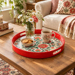 Ramadan & Eid al-Fitr Plastic Serving Tray – Peony Banded Rose Border plastic serving tray shown in a round styled scene.