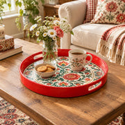 Ramadan & Eid al-Fitr Plastic Serving Tray – Peony Banded Rose Border plastic serving tray shown in a round styled scene.