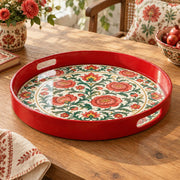 Ramadan & Eid al-Fitr Plastic Serving Tray – Peony Banded Rose Border plastic serving tray shown in a round product view.