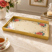 Ramadan & Eid al-Fitr Plastic Serving Tray – Peony Gold Scroll Cream plastic serving tray shown in a rectangular product view.