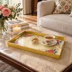 Ramadan & Eid al-Fitr Plastic Serving Tray – Peony Gold Scroll Cream plastic serving tray shown in a rectangular styled scene.