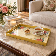 Ramadan & Eid al-Fitr Plastic Serving Tray – Peony Gold Scroll Cream plastic serving tray shown in a rectangular styled scene.