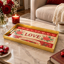 Valentine's Day Plastic Serving Tray – Gold Love Banner Rose Border - MintiHome