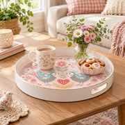 Valentine's Day Plastic Serving Tray – Folk Birds Heart Nest Bloom plastic serving tray shown in a round styled scene.