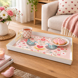 Valentine's Day Plastic Serving Tray – Folk Birds Heart Nest Bloom plastic serving tray shown in a rectangular styled scene.