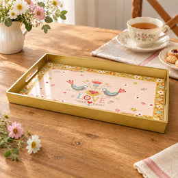 Valentine's Day Plastic Serving Tray – Gilded Border Love Birds plastic serving tray shown in a rectangular product view.