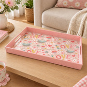 Valentine's Day Plastic Serving Tray – Love Script Folk Bird Field plastic serving tray shown in a rectangular product view.
