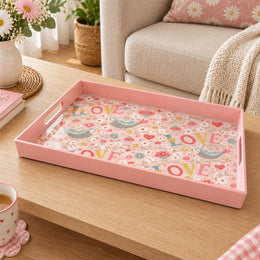 Valentine's Day Plastic Serving Tray – Love Script Folk Bird Field plastic serving tray shown in a rectangular product view.