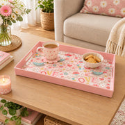 Valentine's Day Plastic Serving Tray – Love Script Folk Bird Field plastic serving tray shown in a rectangular styled scene.