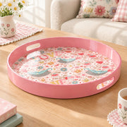 Valentine's Day Plastic Serving Tray – Love Script Folk Bird Field plastic serving tray shown in a round product view.