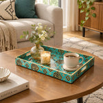 Ramadan Decorative Plastic Serving Tray – Teal Black Medallion full-print plastic serving tray shown in a styled room scene.