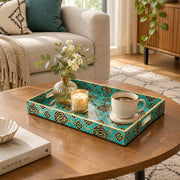 Ramadan Decorative Plastic Serving Tray – Teal Black Medallion full-print plastic serving tray shown in a styled room scene.