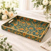 Ramadan Decorative Plastic Serving Tray – Teal Gold Floral full-print plastic serving tray shown in a product view.
