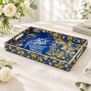 Ramadan Decorative Plastic Serving Tray – Blue Gold White Floral full-print plastic serving tray shown in a product view.