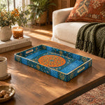 Ramadan Decorative Plastic Serving Tray – Blue Orange Medallion full-print plastic serving tray shown in a styled room scene.