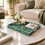 Ramadan Decorative Plastic Serving Tray – Teal Gold Butterfly full-print plastic serving tray shown in a styled room scene.