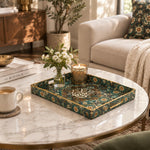Ramadan Decorative Plastic Serving Tray – Black Gold Teal full-print plastic serving tray shown in a styled room scene.