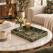Ramadan Decorative Plastic Serving Tray – Black Gold Teal full-print plastic serving tray shown in a styled room scene.