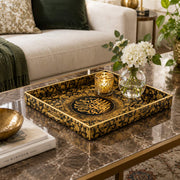 Ramadan Decorative Plastic Serving Tray – Black Tan Gold full-print plastic serving tray shown in a styled room scene.