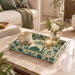 Ramadan Decorative Plastic Serving Tray – Blue Teal Vignette full-print plastic serving tray shown in a styled room scene.