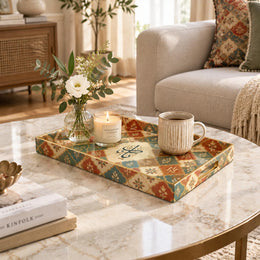 Ramadan Decorative Plastic Serving Tray – Cream Red Geometric full-print plastic serving tray shown in a styled room scene.