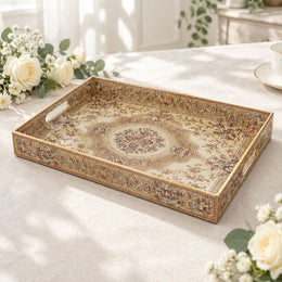 Ramadan Decorative Plastic Serving Tray – Cream Gold Medallion full-print plastic serving tray shown in a product view.