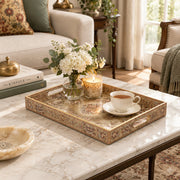 Ramadan Decorative Plastic Serving Tray – Cream Gold Medallion full-print plastic serving tray shown in a styled room scene.