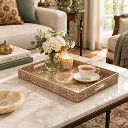 Ramadan Decorative Plastic Serving Tray – Cream Gold Medallion full-print plastic serving tray shown in a styled room scene.