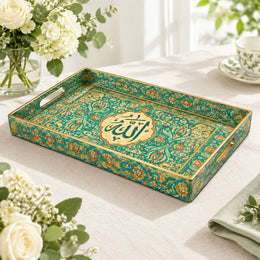 Ramadan Decorative Plastic Serving Tray – Teal Gold Calligraphy full-print plastic serving tray shown in a product view.