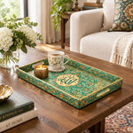 Ramadan Decorative Plastic Serving Tray – Teal Gold Calligraphy full-print plastic serving tray shown in a styled room scene.
