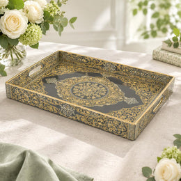Ramadan Decorative Plastic Serving Tray – Teal Gold Medallion full-print plastic serving tray shown in a product view.