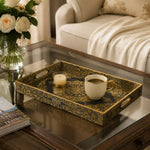 Ramadan Decorative Plastic Serving Tray – Teal Gold Medallion full-print plastic serving tray shown in a styled room scene.