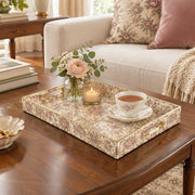 Ramadan Decorative Plastic Serving Tray – Cream Gold Allover full-print plastic serving tray shown in a styled room scene.