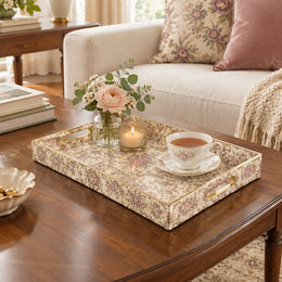 Ramadan Decorative Plastic Serving Tray – Cream Gold Allover full-print plastic serving tray shown in a styled room scene.