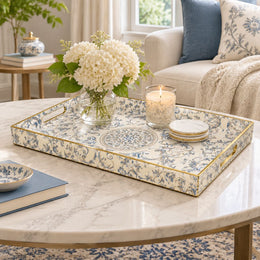 Ramadan Decorative Plastic Serving Tray – Silver Cream Medallion full-print plastic serving tray shown in a styled room scene.